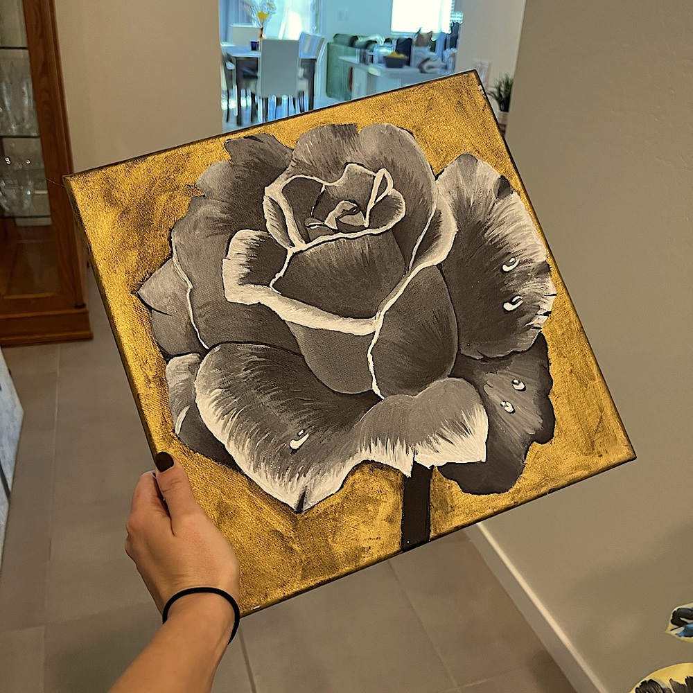 12 x 12 Black & Gold Rose Painting